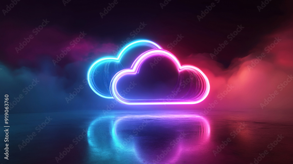 Neon clouds made of glowing light tubes in pink and blue, set against a dark misty background with reflective surface.
