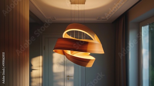 A wooden light fixture hangs from the ceiling in a cozy room setting