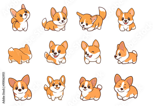 Cute corgi dog characters set. Front, side and back view. Cartoon kawaii style with outline. Pet animal popular breed. Funny puppies. Isolated vector clipart collection