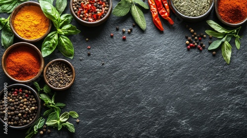 Various Spices and Herbs on a Black Stone Background