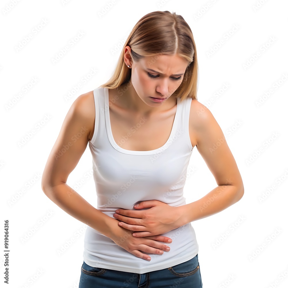 Young woman holding stomach against white background Young woman holding stomach against white background