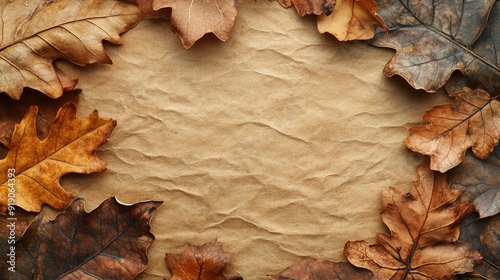 Dried Autumn Leaves on Crumpled Paper Background photo