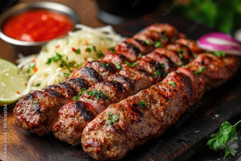 Grilled shish kebabs with herbs and tomato sauce served with fresh vegetables Grilled shish kebabs with herbs and tomato sauce served with fresh vegetables