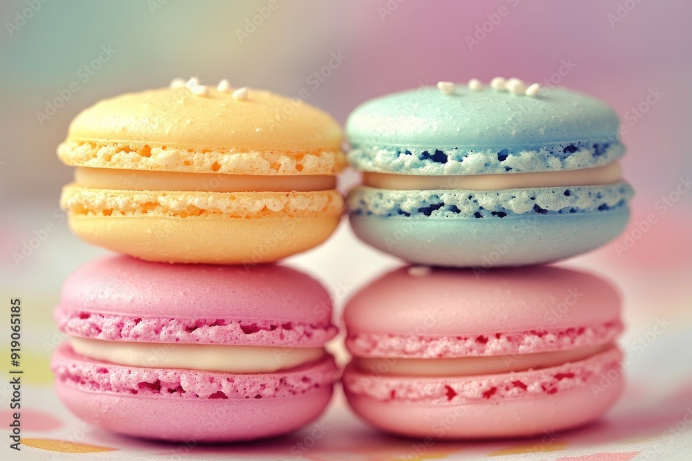 Closeup of colorful macarons showing the filling Closeup of colorful macarons showing the filling