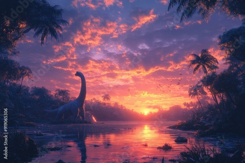 Plesiosaur and sarcosuchus enjoying a beautiful sunset over a lake photo