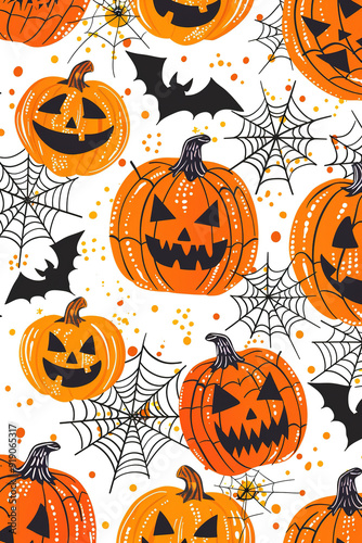 Halloween seamless pattern with pumpkins and bats smiling on white background photo