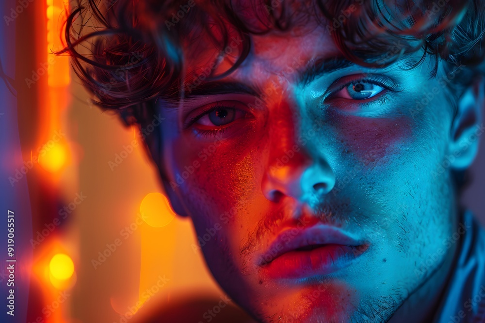 Striking Portrait of a Young Man with Vibrant Lighting Effects Striking Portrait of a Young Man with Vibrant Lighting Effects