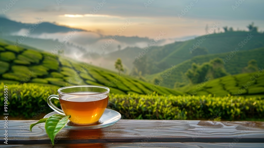A cup of tea on a wooden surface overlooking a misty landscape of lush green tea plantations at sunrise or sunset. A cup of tea on a wooden surface overlooking a misty landscape of lush green tea plantations at sunrise or sunset.