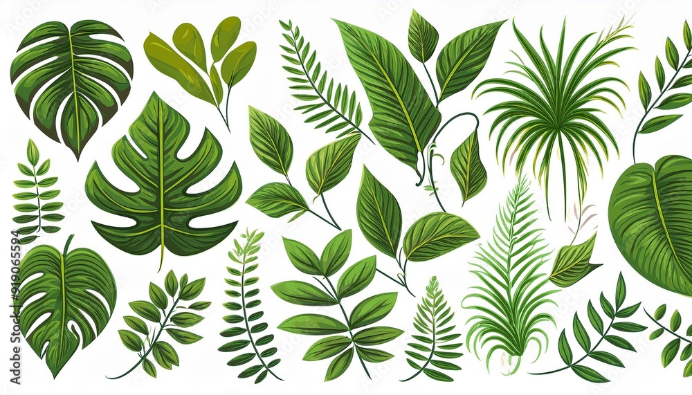 Isolated jungle plants set. Design elements. Liana branch. Tropical forest trees in cartoon style. Rainforest bush on white background. Vector illustration Isolated jungle plants set. Design elements. Liana branch. Tropical forest trees in cartoon style. Rainforest bush on white background. Vector illustration