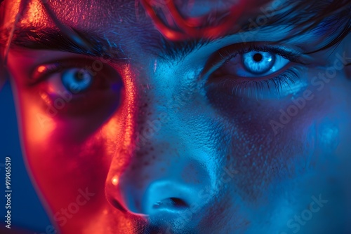 Striking Close-Up of a Young Person with Mesmerizing Blue Eyes and Dramatic Lighting