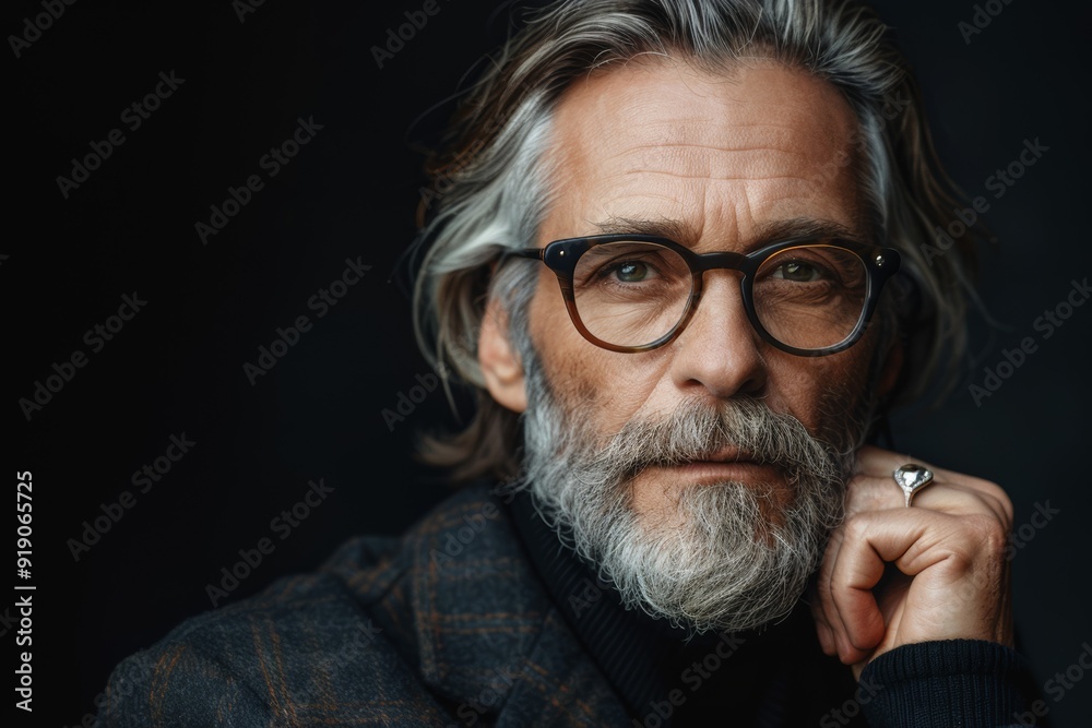 A close-up portrait of a mature man with a gray beard and glasses, looking thoughtfully to the side against a dark background. A close-up portrait of a mature man with a gray beard and glasses, looking thoughtfully to the side against a dark background.