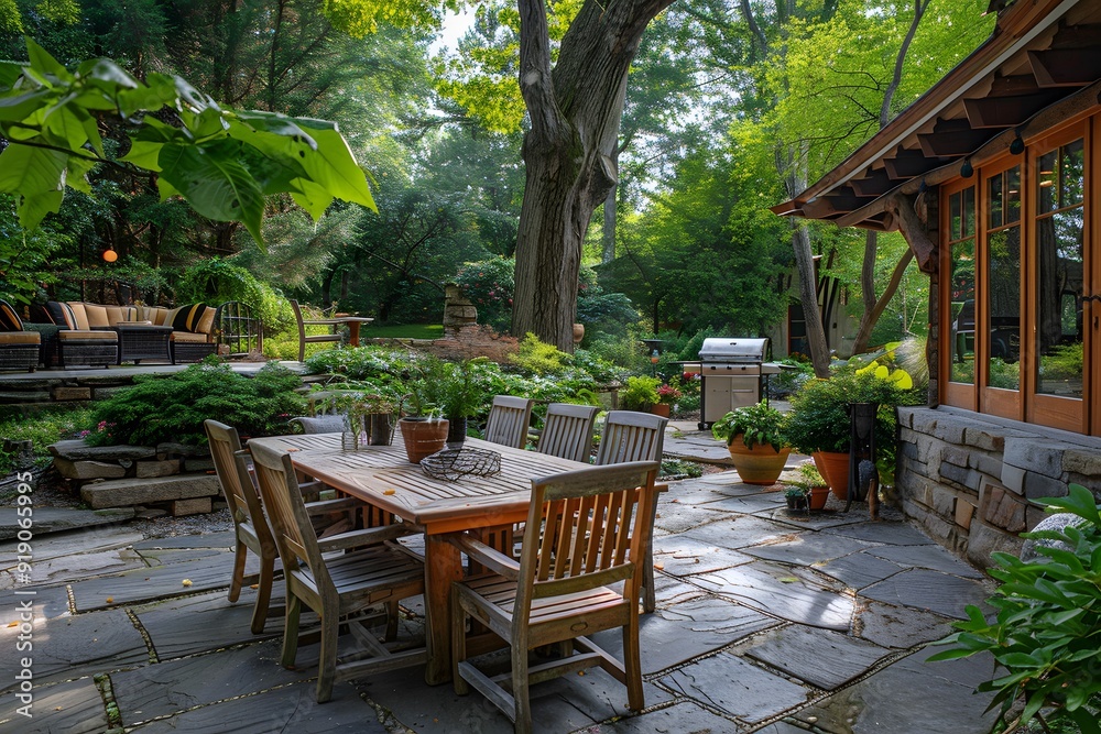 Serene Outdoor Dining Area Surrounded by Lush Greenery Serene Outdoor Dining Area Surrounded by Lush Greenery