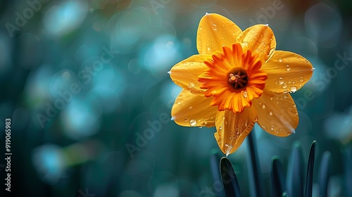 A single daffodil in full bloom, vibrant yellow petals with an orange center, close-up view, soft green background with bokeh effect, delicate and intricate details, anime style, hd quality, photo