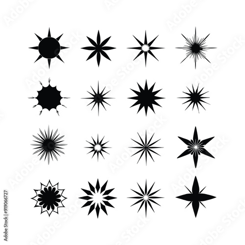 Christmas theme black starburst icons collection.