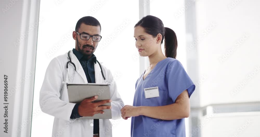 Hospital, research and doctor and nurse on tablet for medical service, discussion and medicine. Healthcare, team and man and woman on digital tech for telehealth, online diagnosis and consulting Hospital, research and doctor and nurse on tablet for medical service, discussion and medicine. Healthcare, team and man and woman on digital tech for telehealth, online diagnosis and consulting