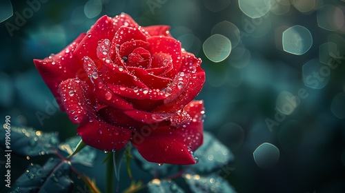A single rose in full bloom, vibrant red petals, dewdrops glistening, close-up view, soft green background with bokeh effect, delicate and intricate details, anime style, hd quality, natural look.