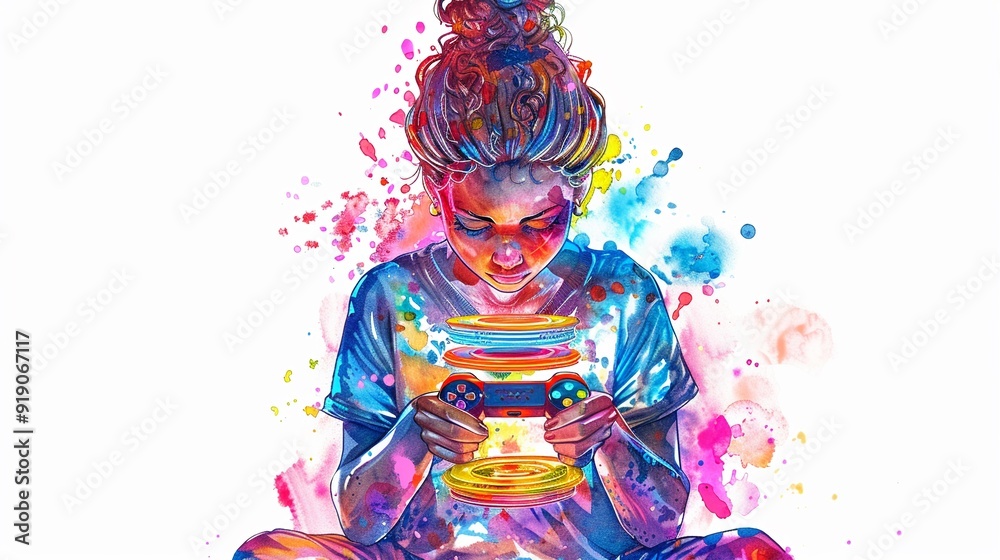 Fototapeta premium Gamer girl with a stack of video game discs,Clipart, watercolor illustration, Perfect for nursery art The style is hand drawn, white background