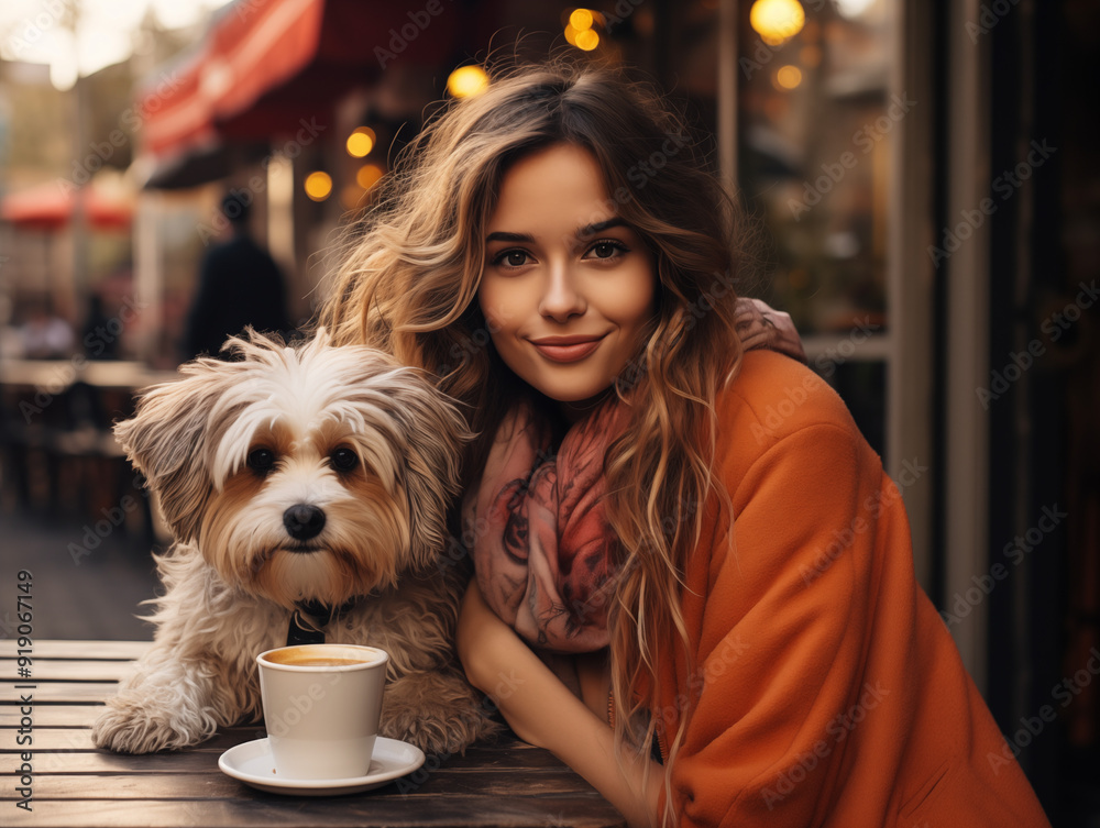 Pets friendly cafe. Puppy owner. Young Caucasian woman with her dog in outdoor restaurant. Photography generated by AI Pets friendly cafe. Puppy owner. Young Caucasian woman with her dog in outdoor restaurant. Photography generated by AI
