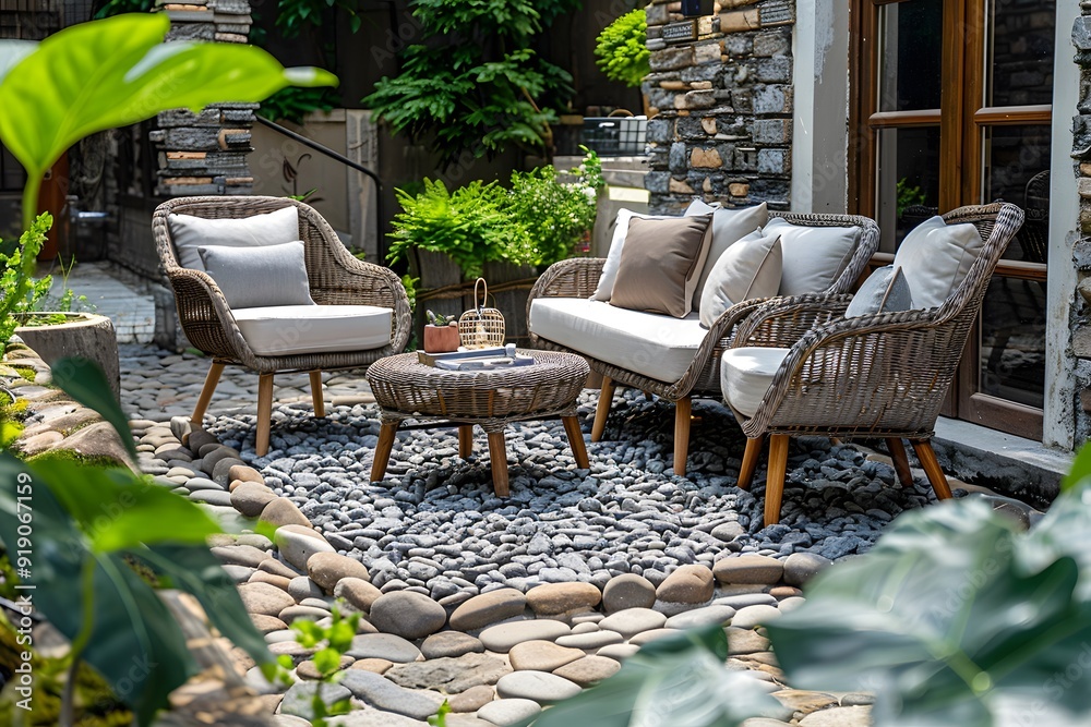Cozy Outdoor Seating Area Surrounded by Lush Greenery and Decorative Stones Cozy Outdoor Seating Area Surrounded by Lush Greenery and Decorative Stones