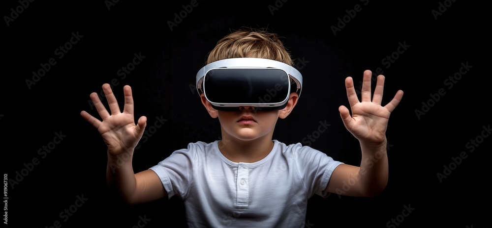 A young boy wearing a VR headset with his hands outstretched, immersed in a virtual world.