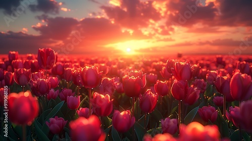 A tulip garden at sunset, rows of blooming tulips, golden and pink hues in the sky, soft shadows, enchanting and serene atmosphere, anime style, hd quality, natural look. --ar 16:9 --v 6.0