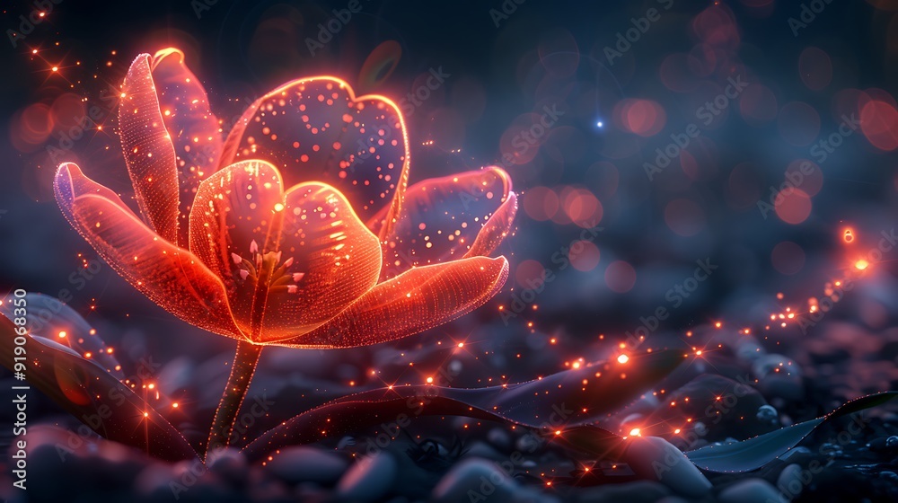 A tulip with ethereal glowing petals, magical aura, surrounded by twinkling lights and sparkles, set against a dark, starry background, anime style, hd quality, vibrant colors. --ar 16:9 --v 6.0 A tulip with ethereal glowing petals, magical aura, surrounded by twinkling lights and sparkles, set against a dark, starry background, anime style, hd quality, vibrant colors. --ar 16:9 --v 6.0