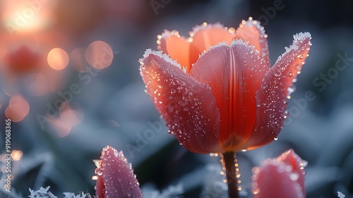 A tulip with frost-covered petals, set against a wintery landscape, sparkling ice crystals, cold and beautiful, anime style, hd quality, natural look. --ar 16:9 --v 6.0
