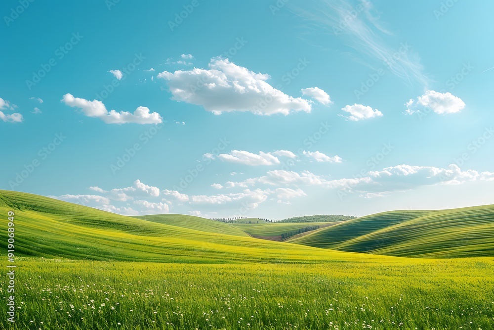 Obraz premium Lush Green Hills Under a Bright Blue Sky
