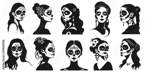 Girl portraites set painted for day of the dead. Front and side view of a young woman face with Katrina makeup. Silhouette tatoo style. Isolated vector clipart collection