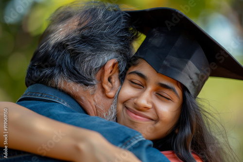 Happy young Indian female student hugging her proud father on her graduation day photo