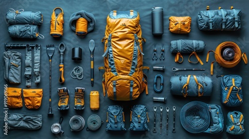 Equipment for hiking on black background