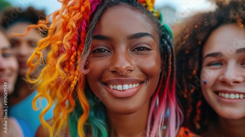 Group of friends with diverse, colorful hairstyles smiling warmly, showcasing joy and vibrant personalities in a lively outdoor setting.