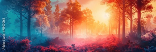 Magical forest landscape with vibrant colors, misty atmosphere, and a serene sunrise casting an ethereal glow through the trees.