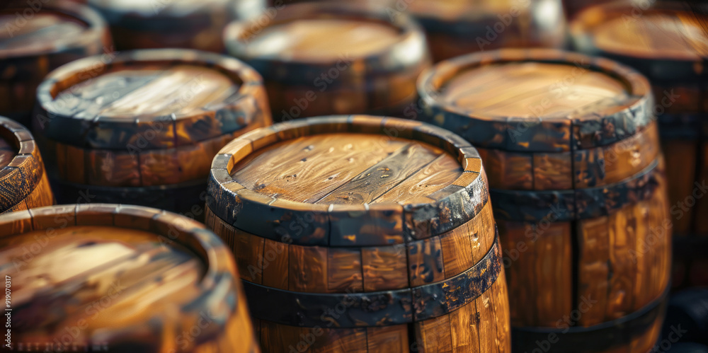 Wooden barrels stand in a series, exhibiting split toning in dark amber and gold, revealing hidden details with selective focus. Wooden barrels stand in a series, exhibiting split toning in dark amber and gold, revealing hidden details with selective focus.