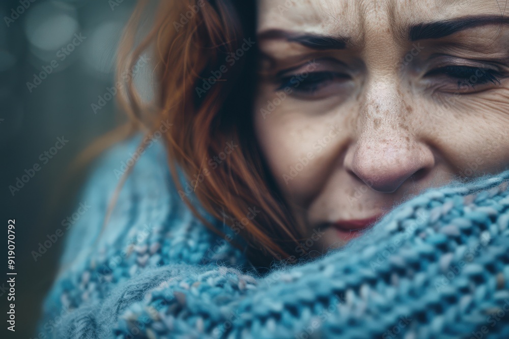 A close-up shot of a woman with red hair wrapped in a blue knitted scarf, displaying a vulnerable and emotional expression, conveying deep feelings and introspection. A close-up shot of a woman with red hair wrapped in a blue knitted scarf, displaying a vulnerable and emotional expression, conveying deep feelings and introspection.