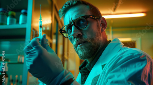 A scientist in a laboratory holds a needle, creating a vibrant stage backdrop in light silver and teal, with sharp attention to detail. photo