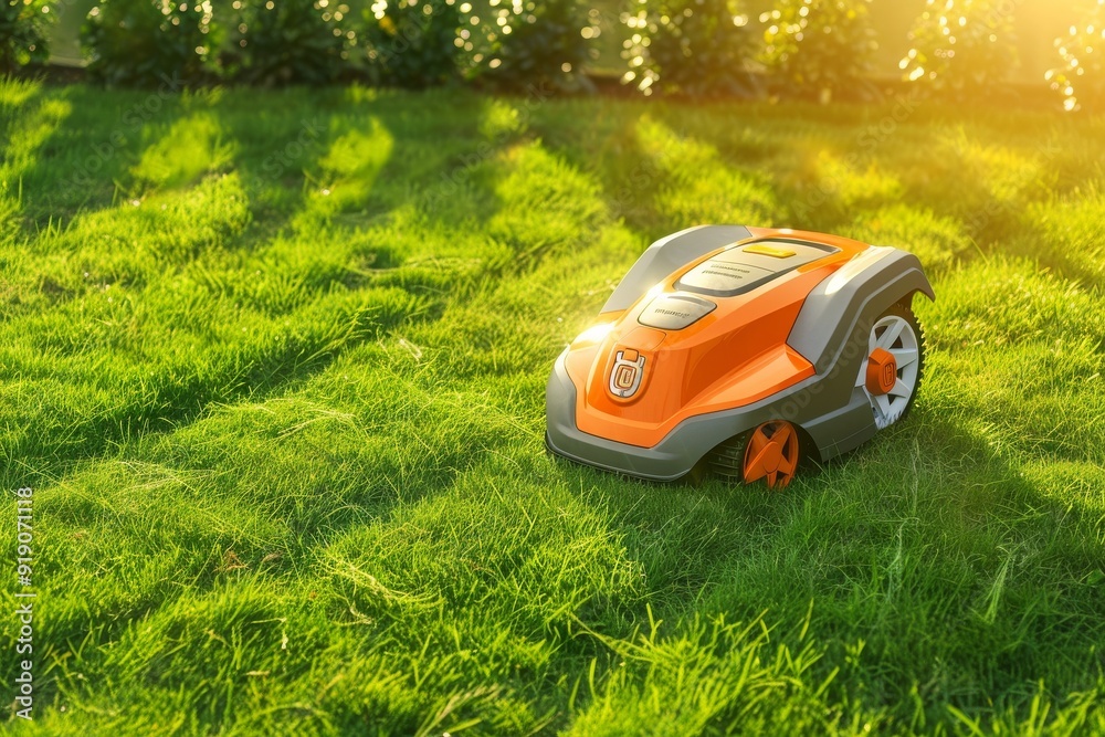 Close-up of a autonomous mower on green grass. Beautiful simple AI generated image in 4K, unique. Close-up of a autonomous mower on green grass. Beautiful simple AI generated image in 4K, unique.