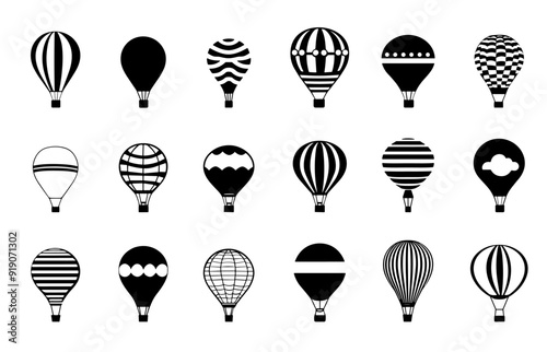 Hot air balloon with basket icons set. Aerostat. Air transport. Summer leisure journey adventure and recreation. Simple black and white flat style isolated vector clipart collection