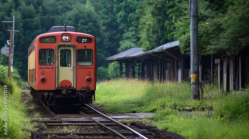 View of an old train on a railroad track.