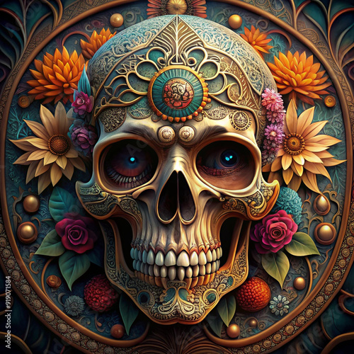 Intricately Designed Artistic Skull with Detailed Patterns and Creative Motifs Picture