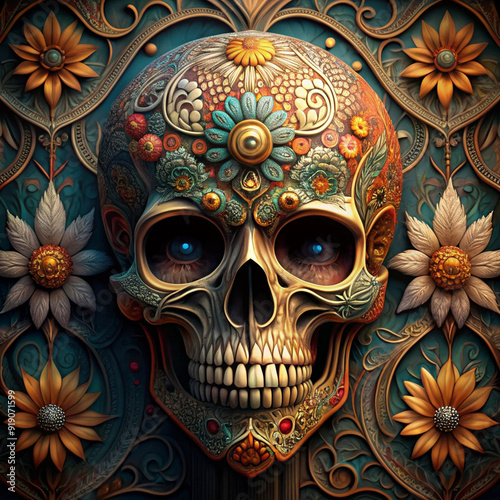 Intricately Designed Artistic Skull with Detailed Patterns and Creative Motifs Picture