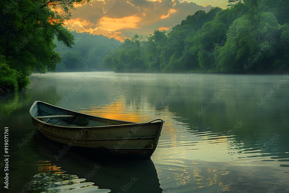 Serene Sunset Over a Tranquil River with a Lonely Boat Serene Sunset Over a Tranquil River with a Lonely Boat
