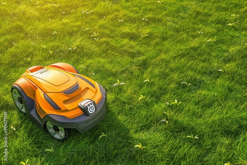 Close-up of a autonomous mower on green grass. Beautiful simple AI generated image in 4K, unique.