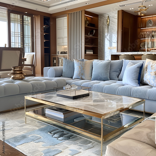 A Warm Living Room with a Plush Sofa, a Wooden Coffee Table, and Decorative Pillows photo