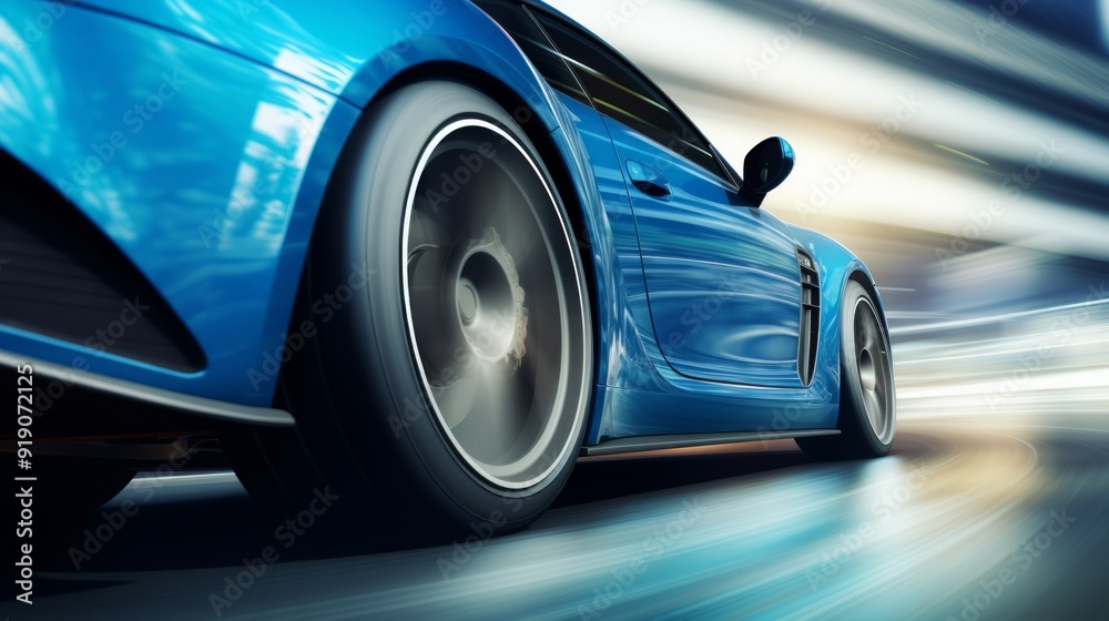 Movement shot of fast blue car driving on asphalt road with high speed. Neural network ai generated art Movement shot of fast blue car driving on asphalt road with high speed. Neural network ai generated art