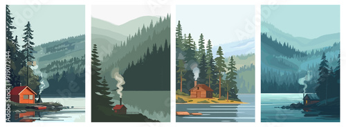 Hut in the forest on the shore of the lake. Nature landscape posters set. Smoke from the chimney. Forest panorama in the background. High wooded hills. Flat cartoon style vector illustration