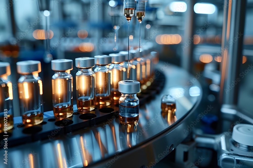 Modern Pharmaceutical Production: Vials on a Conveyor Belt in a High-Tech Facility Modern Pharmaceutical Production: Vials on a Conveyor Belt in a High-Tech Facility