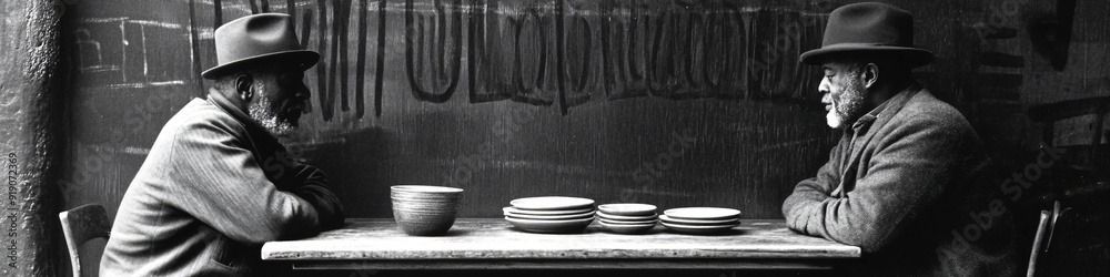 Two elderly men in hats engaged in conversation at table with dishes suitable for documentary films about social issues and aging population Two elderly men in hats engaged in conversation at table with dishes suitable for documentary films about social issues and aging population