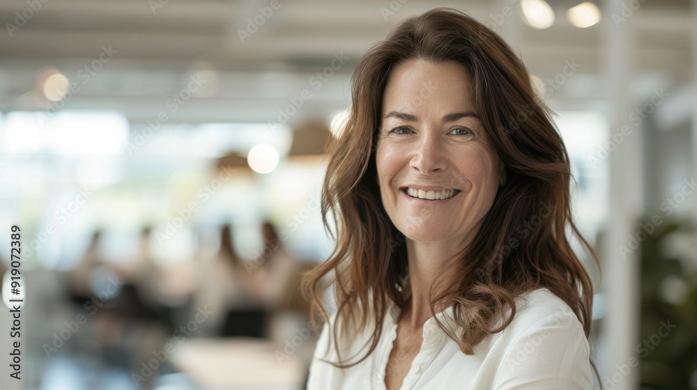 Fototapeta premium Smiling woman with long brown hair, wearing a white blouse, standing in a bright, modern office. Blurred background with colleagues. Confident, friendly, and professional