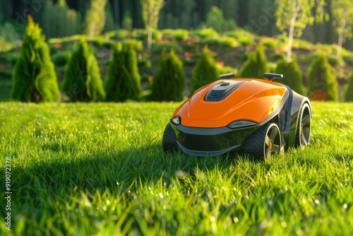 A battery-powered electric lawnmower drives across the field and cuts the grass.. Beautiful simple AI generated image in 4K, unique.